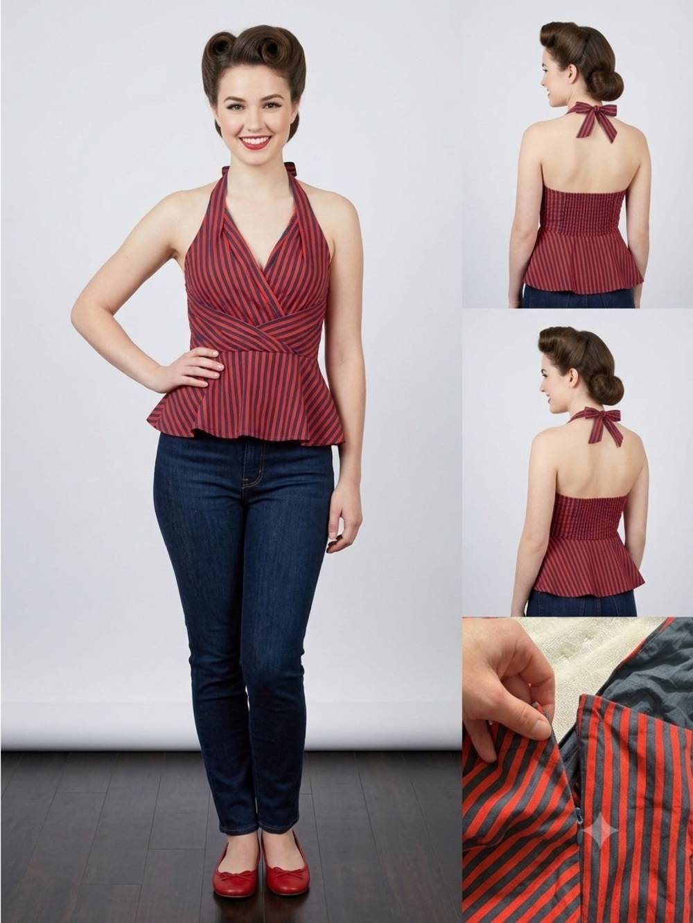 VTG Anthropologie Odille Melosa Striped Halter Top Red Navy Blue Size 4 Y2K⁠